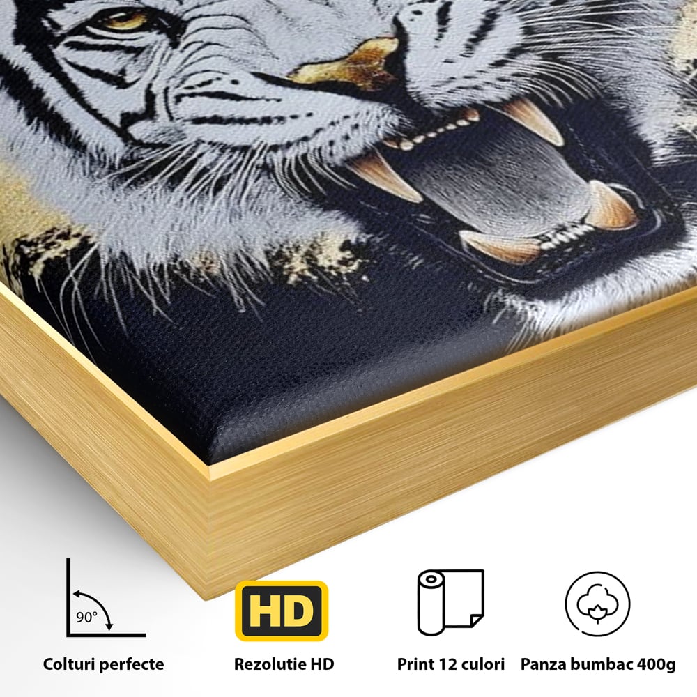 Detaliu al suprafetei: tablou canvas cu tigru alb, in rama de aluminiu auriu
